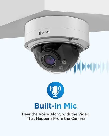 4COVR 4K 8MP PoE Security Vandal Dome IP Wired Camera with Mic, 2.7-13.5mm Varifocal Lens 5X Optical Zoom UltraHD, IK10 Vandal-Proof 130ft IR Night Vision IP67, AI Human Vehicle Detection, LY57BA8MA