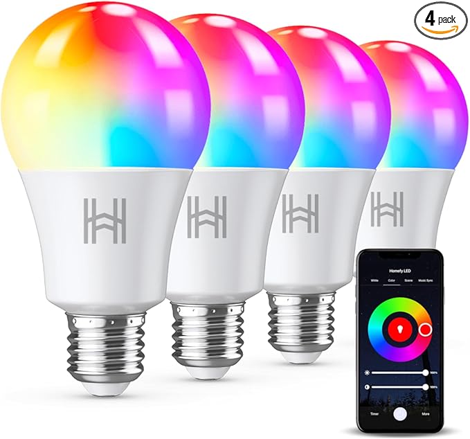 Smart Light Bulbs 4 Pack, A19 Color Changing LED (800 Lumens), WiFi & Bluetooth, Music Sync, Compatible with Alexa & Google Assistant, No Hub Needed, 16 Million Colors