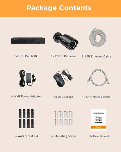 8 Channel Security Camera System, 8X 5MP Wired Outdoor Surveillance IP PoE Bullet Cameras with AI Human Detection, Remote Access, Built-in Mic/Audio, 4K 8CH PoE NVR 2TB HDD, PB37F30808-5M