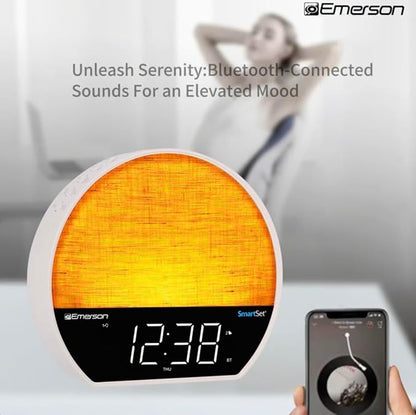 Emerson CKSS7071 Sunrise Smartset Alarm Clock Radio with 1.2" LED Display, White Noise, 6 Soothing Sounds, 8-Color Dimmable LED, Bluetooth Speaker, White