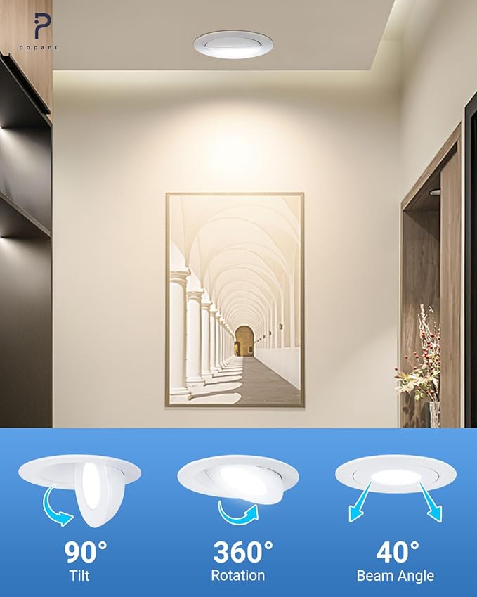 POPANU 6-Inch Gimbal Recessed Light - 12W 90° Tilt & 360° Rotation, 5CCT (2700K-5000K), IC Rated LED Eyeball Recessed Lighting, for Sloped Ceilings, Soffit Light, Hallyway，Kitchens, White 6 Pack