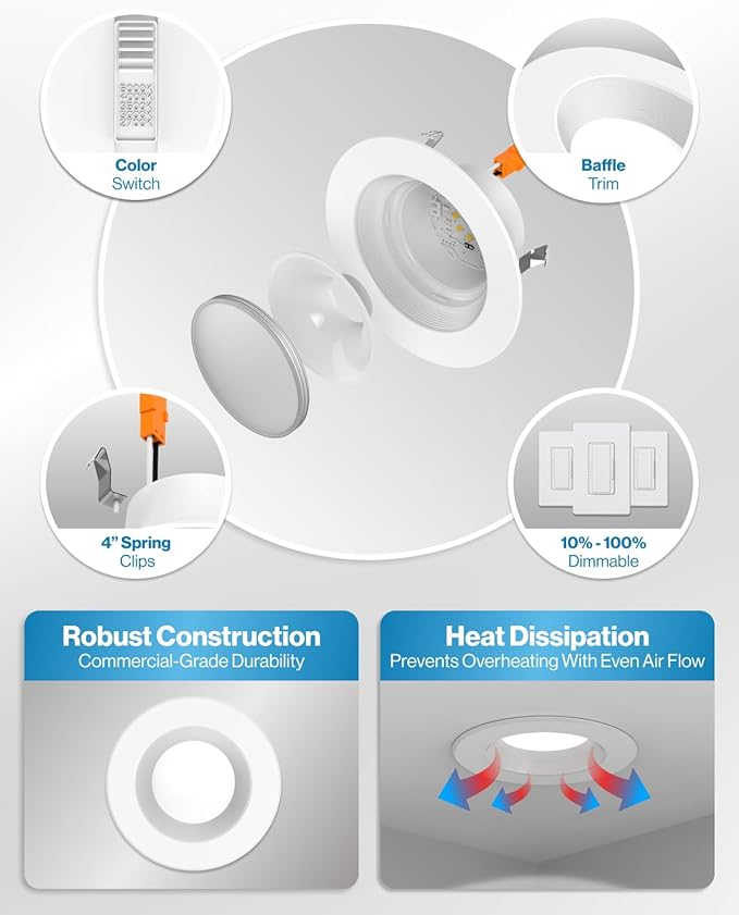 Sunco 10 Pack 4 Inch LED Recessed Lights, Retrofit Can Lighting, 660 LM, 11W (40W Equivalent), Selectable CCT 2700K/3000K/3500K/4000K/5000K, Dimmable, Baffle Trim, Replacement Conversion Kit UL.