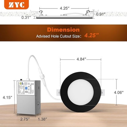 ZYC Recessed Lighting 4 Inch - 9W 800LM LED Recessed Ceiling Light with Night Light,2700K/3000K/4000K/5000K/6000K Selectable Ultra-Thin Lighting,Dimmable Canless Wafer Downlight,Pack of 6（Gold）.