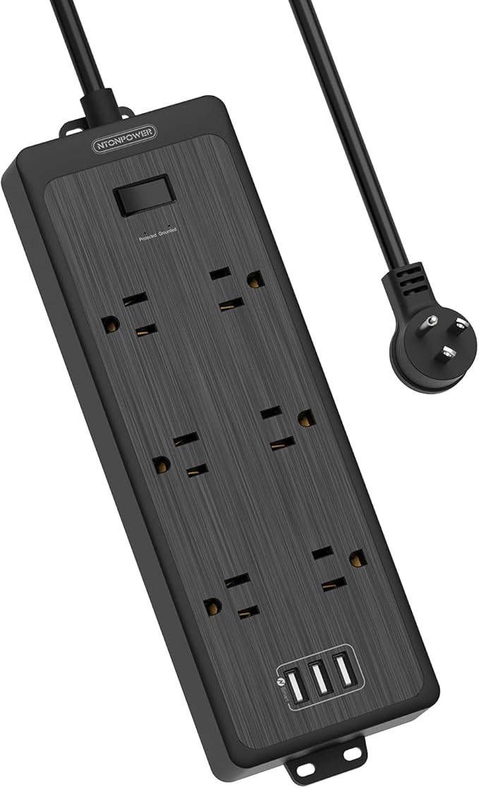 NTONPOWER Flat Plug Power Strip with 3 USB Ports, 6 Extra Widely Spaced Outlets, 1700 Joules Surge Protector, 15A Circuit Breaker, 5 FT Extension Cord, Black