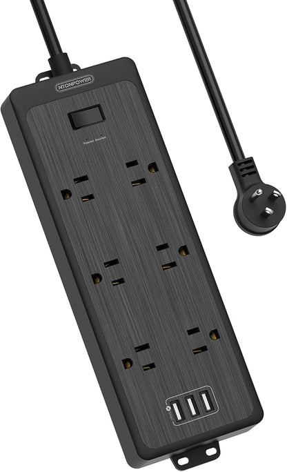 NTONPOWER Flat Plug Power Strip with 3 USB Ports, 6 Extra Widely Spaced Outlets, 1700 Joules Surge Protector, 15A Circuit Breaker, 5 FT Extension Cord, Black