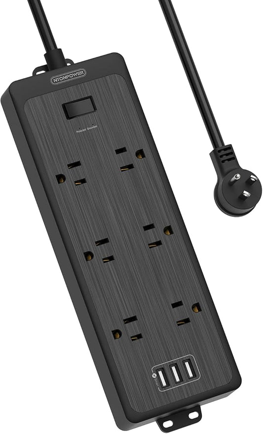 NTONPOWER Flat Plug Power Strip with 3 USB Ports, 6 Extra Widely Spaced Outlets, 1700 Joules Surge Protector, 15A Circuit Breaker, 5 FT Extension Cord, Black