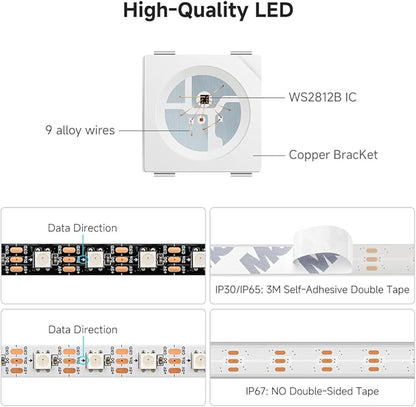 BTF-LIGHTING WS2812B ECO RGB LED Strip,UL Listed,Individually Addressable,16.4FT 30LED/m 150Pixel DC5V 5050SMD,Alloy Wire Flexible 3M Tape for DIY Chasing Color Project IP30(No Adapter or Controller)