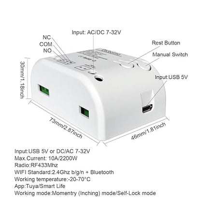 Smart WiFi Wireless Relay Switch Module, Tuya 1CH AC 85-250V/ USB 5V Smart Life Remote Control Dry Contact Momentry Switch Compatible with Alexa and Google Home