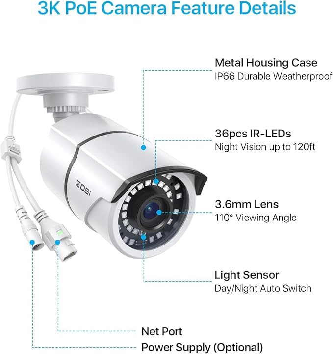 ZOSI 2-Pack 5MP Add-on PoE Security Camera with Ethernet Cables, 120ft Night Vision, IP66 Weatherproof, Outdoor Indoor Home Bullet Camera Only Compatible Same Brand 5MP 4K PoE NVR Systems