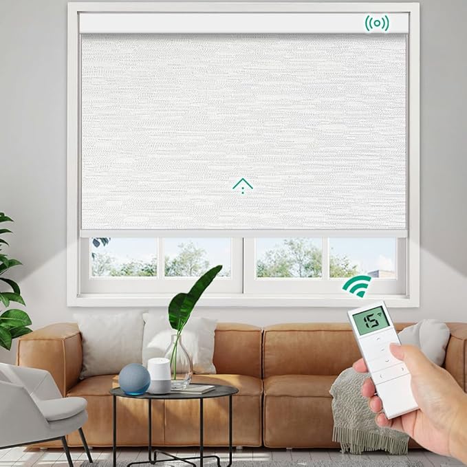 Motorized Roller Shades, 10O% Blackout Remote Control Custom Window Shades Compatible with Alexa Google Assistant via RF Hub, Rechargeable Electric Blinds for Windows (Texture White)