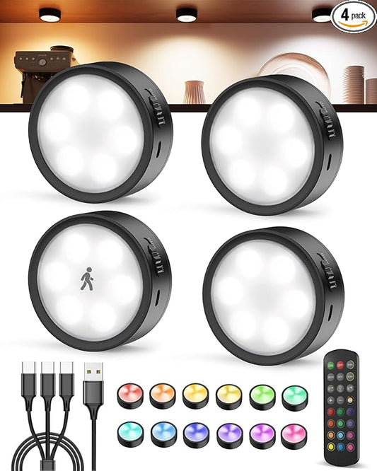 Radar Motion Sensor Puck Lights with Remote, 2400mAh RGB Rechargeable Wireless Under Cabinet Lighting for Kitchen, Magnet Stick on LED Closet Lights, Cordless Push Light for Counter, Stairs