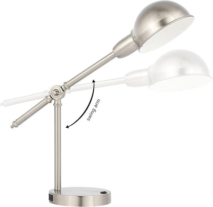 JONATHAN Y Curtis Task Lamp 20.25" Industrial Metal Adjustable USB, Nickel | Vintage Style, Dome Shade, LED Bulb Included, Perfect For Home Office Or Nightstand