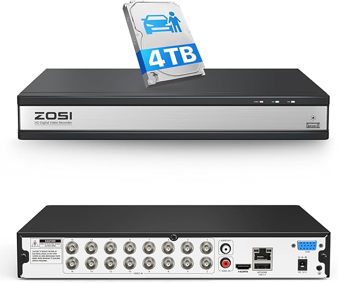 ZOSI 1080P H.265+ 16 Channel Video Security DVR Recorder with AI Human/Vehicle Detection, 16CH Hybrid 4-in-1 CCTV DVR with 4TB HDD for HD-TVI, AHD, CVI, CVBS Surveillance Cameras, 24/7 Recording