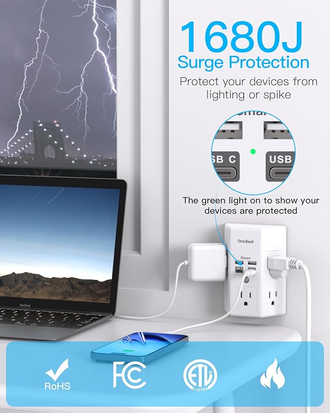 One Beat Surge Protector Wall Outlet Extender, 5 Outlets & 4 USB Ports (20W USB-C PD), 1680J, 3-Sided Multi Plug Outlet Adapter, Outlet Splitter, Wall Mount, ETL Listed for Home Office Travel-White