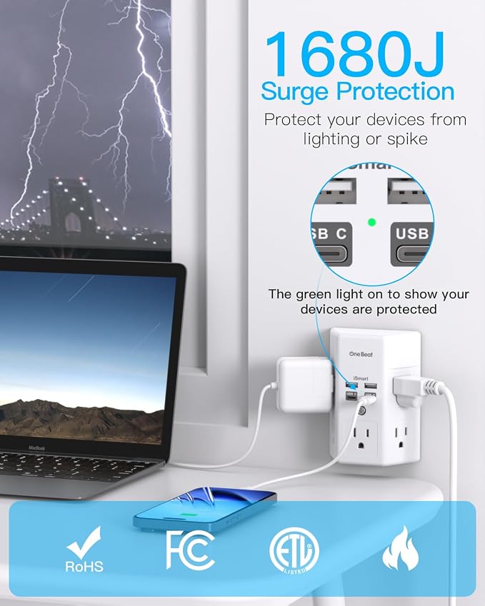 One Beat Surge Protector Wall Outlet Extender, 5 Outlets & 4 USB Ports (30W USB-C PD), 1680J, 3-Sided Multi Plug Outlet Adapter, Outlet Splitter, Wall Mount, ETL Listed for Home Office Travel-White