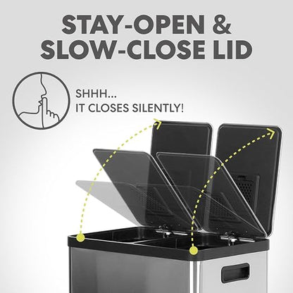 Simpli-Magic 16 Gallon (30L x 30L) Dual Compartment Step Trash Can – Kitchen Garbage Can with Slow-Close Lids – Waste & Recycling Bins, Odor Control, Hands-Free, Easy to Clean, Stainless Steel