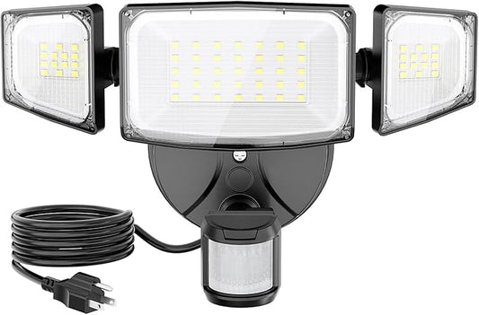 Olafus 50W Motion Sensor Outdoor Light Plug in, Motion Flood Light Dusk to Dawn, 5000LM LED Security Light IP65 Waterproof, Motion Activated 6500K PIR Sensor Lighting for Garage Yard Patio Eave, Black