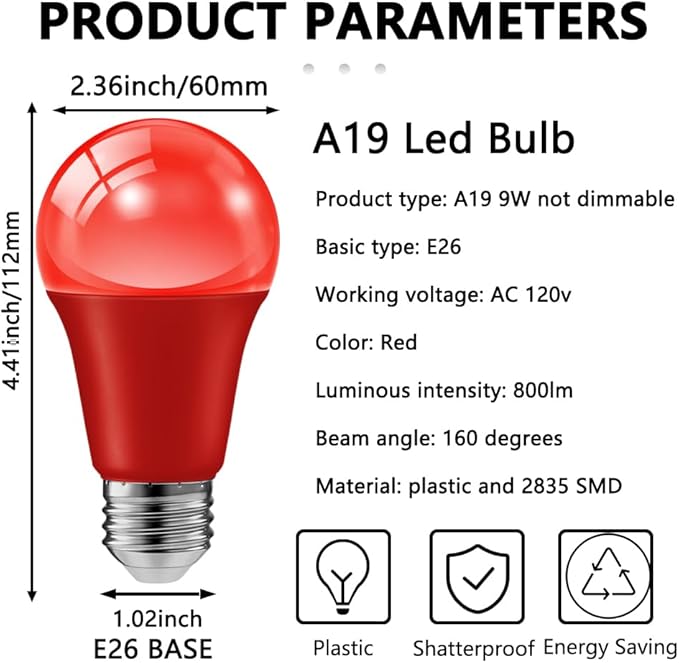 haraqi 6 Pack 9W (60W Equivalent) 120V E26 Base A19 LED Colored Light Bulb, Red LED Lights for Party Christmas Decor and Halloween Lighting