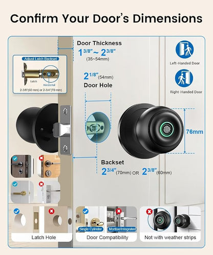 Smart Door Knob with Lock, Keyless Entry Fingerprint Door Lock, Stain Black | Smart Lock with Auto-Lock , App, Key, Fingerprint Door Locks for Front Door, Garage, Apartment, Hotel, Interior, Exterior