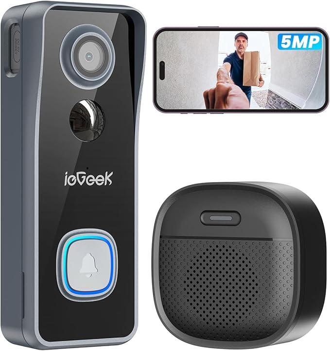 ieGeek Doorbell Camera Wireless No Subscription, 5MP Ultra Clear View Night Vision, PIR Motion Detection, Video Doorbell with Indoor Chime, Local Storage 2-Way Audio, Only 2.4Ghz WiFi, Work with Alexa