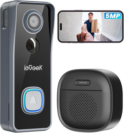 ieGeek Doorbell Camera Wireless No Subscription, 5MP Ultra Clear View Night Vision, PIR Motion Detection, Video Doorbell with Indoor Chime, Local Storage 2-Way Audio, Only 2.4Ghz WiFi, Work with Alexa