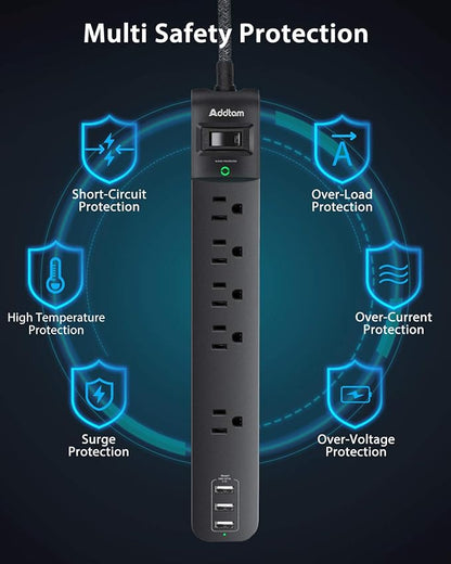 15FT Power Strip Surge Protector - Extension Cord with 5 Widely Outlets 3 USB Charging Ports, Flat Plug Overload Surge Protection, Wall Mount, Multi Outlet Extender for Home, Office ETL Listed, 2 Pack