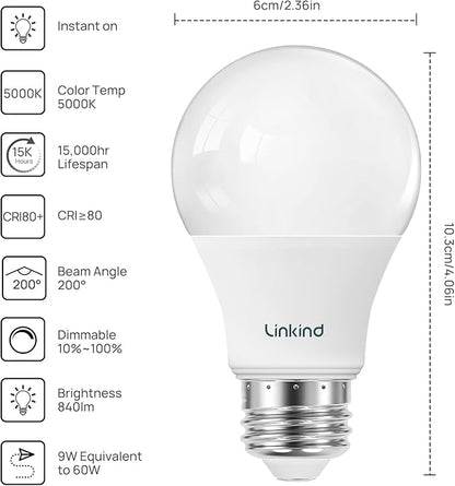 Linkind A19 LED Light Bulbs Dimmable, 60W Equivalent Light Bulbs, 9W, 5000K Daylight, 840 Lumens LED Bulbs, E26 Standard Base, 120V, Lighting for Bedroom Living Room Home Office, 12 Packs