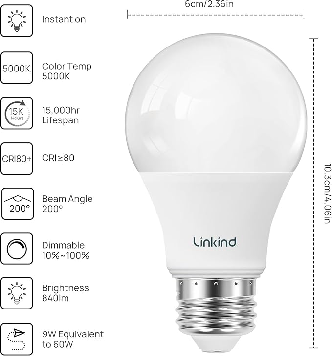 Linkind A19 LED Light Bulbs Dimmable, 60W Equivalent Light Bulbs, 9W, 5000K Daylight, 840 Lumens LED Bulbs, E26 Standard Base, 120V, Lighting for Bedroom Living Room Home Office, 6 Packs