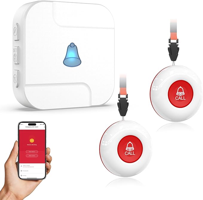 Wireless Caregiver Pager System with Call Button for Elderly at Home - Emergency Alert Button that Calls Cell Phone, 2 SOS Buttons + 1 Receiver for Seniors/Disabled (2.4GHz WiFi, No Monthly Fee)
