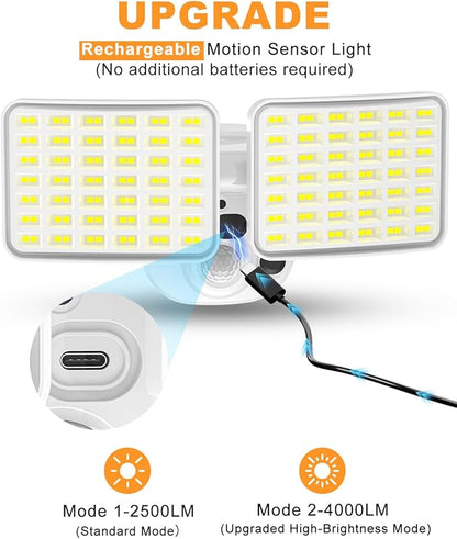 Rechargeable Battery Powered Motion Sensor Light, 2500LM & 4000LM Dual Modes Security Lights, USB Charging Wireless Flood Light, LED Outdoor Lights for Garage,Yard,Shed,Porch, White, 2