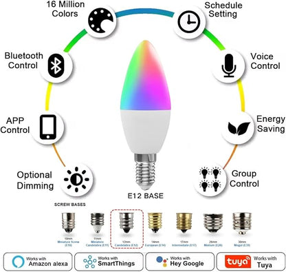 Candelabra Smart Light Bulbs 60W Equivalent, 450LM 5W LED Bulb Compatible with Alexa/Google Home, RGBCW 16 Million Color Changing Light Candle Bulb, No Hub Required, 2.4G (E12) (2)