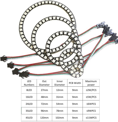 128 Bits WS2812 Addressable LED Ring with SM2.54-3P Wire, DC5V WS2812B 5050 RGB LED with Built-in Drivers Pixels Individual Controlling for Arduino Pi ESP8266 ESP32 Nodemcu (128 bits)