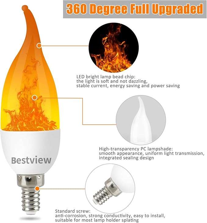 Bestview LED Flame Effect Light Bulbs,3 Modes Flickering Light Bulbs, Smart E12 Chandelier Base Candle Fire Light Bulb for Halloween, Christmas,Party, Porch, Indoor&Outdoor Home Decoration -8 Pack