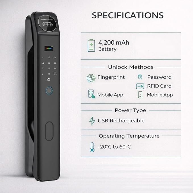 3D Face Recognition Smart Door Lock with Video Intercom, Biometric Palm Vein & Fingerprint Keyless Entry, 1080P HD Camera, Tuya App Control, Alexa Compatible, IP65 Waterproof, 5 Ways to Unlock