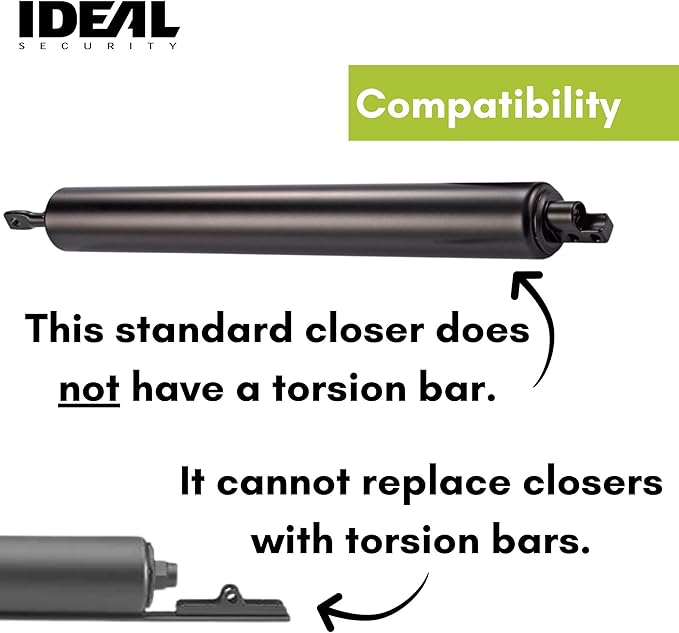 Ideal Security Model 9 Standard Duty Pneumatic Storm and Screen Door Closer, 10.5" L x 1.25" W x 1.25" H, Adjustable Speed, Smooth Closing for Lightweight to Medium Doors, Easy Install, Black
