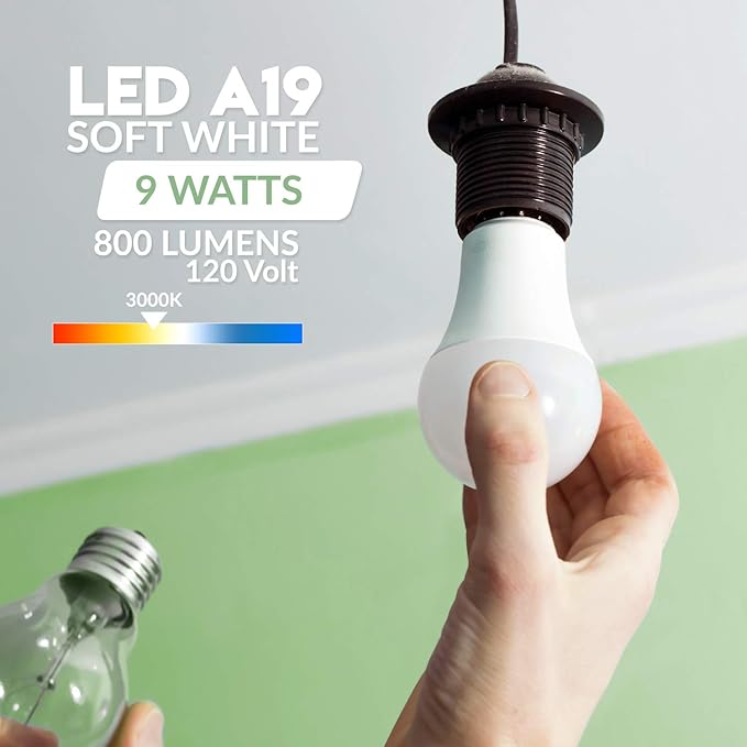 KOR 6 Pack A19 LED Light Bulb, 60W Equivalent, 3000K Soft White, 800 Lumens, Efficient 9 Watt Replacement Bulbs with E26 Standard Base, 15000 Long Life Hours, Non-Dimmable, 80+ CRI, UL Listed