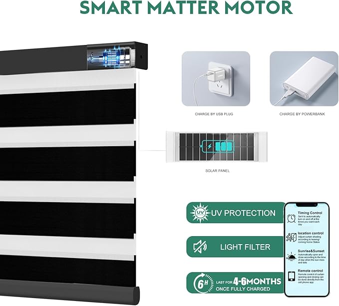Motorized Zebra Blinds with Remote, Work with HomeKit Alexa Automatic Electric Window Shades 95% Blackout Light Filtering for Smart Home and Office, Customized Size Equinos Black