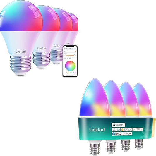 Linkind Smart A19 Light Bulbs E26 Base+Matter Smart B11 Candelabra Bulbs E12 Base
