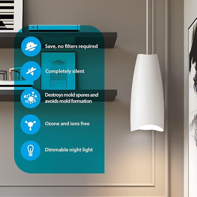 Airfree Lamp Silent Filterless Pendant Air Purifier, Dimmable light, Removes Mold, Prevents Mildew, Activable Capsules for Particles, Odors, VOCs. Remote, 450 sq ft, White