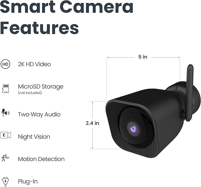 Feit Electric Plug-in Outdoor Security Camera, 2K HD, Advance Motion Detection, 2.4GHz Wi-Fi, 30ft. Night Vision, 2-Way Audio, Micro SD Card Storage, AI-Powered Smart Alerts, Always-On Wired Power