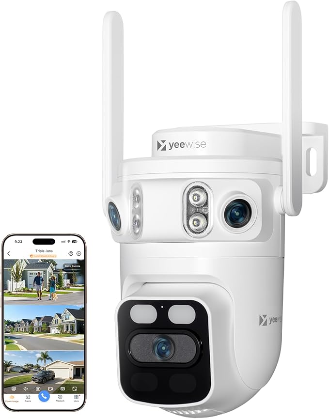 yeewise Triple Lens WiFi Security Camera with AI Tracking, WiFi 6 Outdoor PTZ Camera, 360° View Home Security, 5/2.4Ghz Dual Band, Easy Bluetooth Setup, Plug-in Power