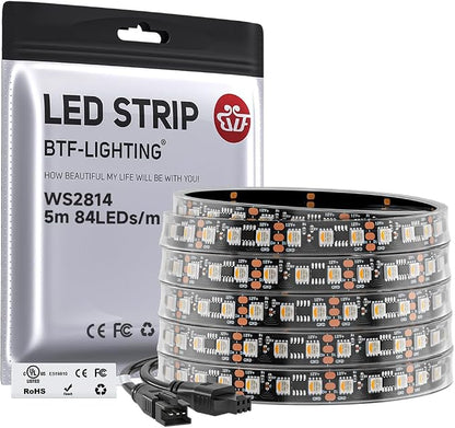 BTF-LIGHTING WS2814 IC RGBW RGB+Warm White UL Listed, DC12V 16.4FT 84LED/m | 28pixel/m,(Similar WS2812B),Addressable4 Colors in 1 Dream Color LED Strip 14mm Width PCB IP67(No Adapter or Controller)