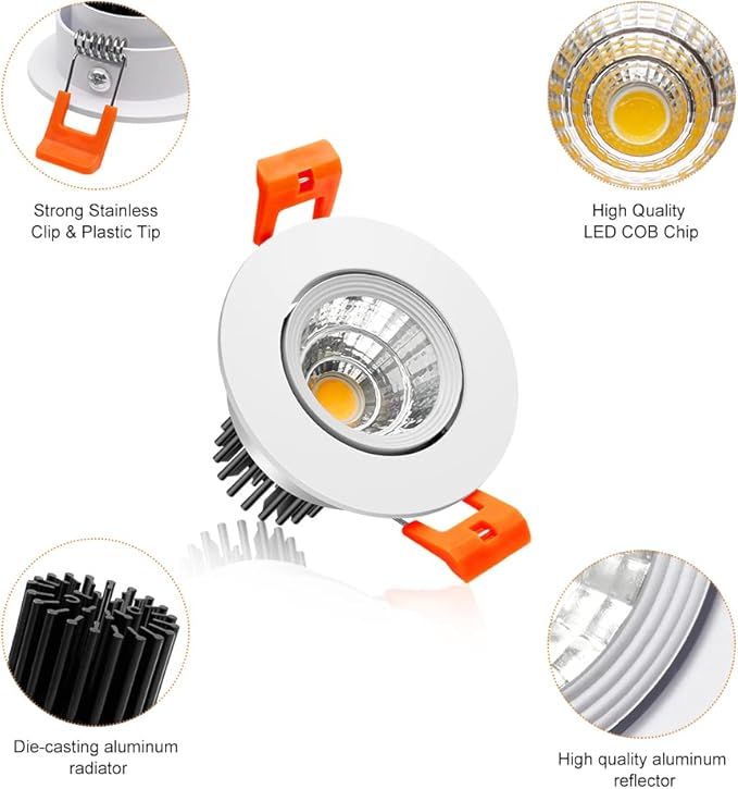 LightingWill 2Inch LED Recessed Ceiling Light, 3W Dimmable LED Downlight, 60 Beam Angle, Warm White 3000K-3500K, 25W Halogen Bulbs Equivalent, White, 1 Pack
