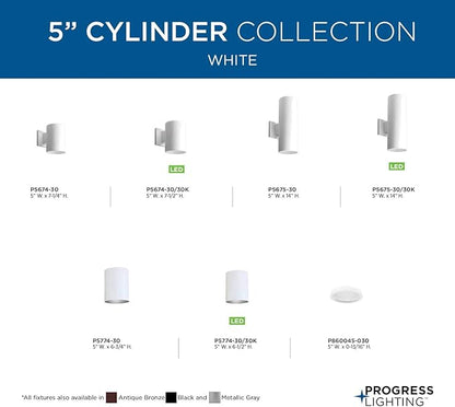 Progress Lighting 5-Inch Cylinder Outdoor Ceiling Light, 1-Light Modern Flush Mount Ceiling Fixture, Interior and Exterior Lighting for Home or Porch, Aluminum Construction, White, P5774-30