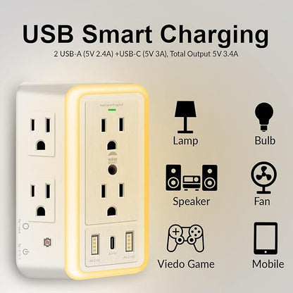 WBM Smart Multi Plug Outlet, Surge Protector, 6-Outlet Extender with 2 USB Charging Ports, USB-C & Night Light, 3-Sided Power Strip with Adapter Spaced Outlets - 2 Count, White
