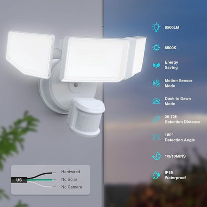 Abovizo 85W LED Security Lights Motion Sensor Light Outdoor, 8500LM Dusk to Dawn, IP65 Waterproof, 6500K, 3 Head Motion Detected Flood Light, Floodlight for Outside, Garage, Yard, Porch (White)