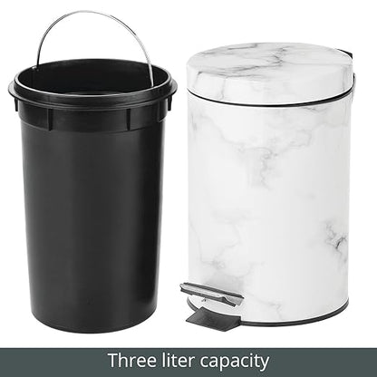 mDesign Extra Small Modern 3-Liter/.7 Gallon Round Metal Lidded Step Trash Can, Compact Garbage Bin with Removable Liner Bucket and Handle for Bathroom, Kitchen, Office, Garage - White Marble Print