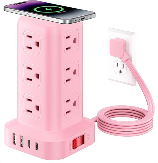 Extension Cord with Multiple Outlets, SMALLRT Outlet Extender with 12 AC Outlets 4 USB, 6.5FT Power Strip Tower for Home Office Supplies, Pink