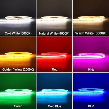 24V COB LED Strip Green Color 8mm Width LED Light Bar Tape, High Bright Dotless Dimmable Flexible LED Ribbon, 5m 16.4FT for Party House Indoor Decor Lighting (DC24V, Without Power Supply)