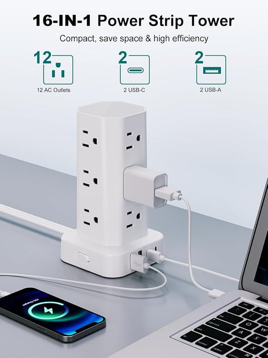 Power Strip Tower Surge Protector, 6FT Flat Plug Extension Cord with Multiple Outlets, 12 AC Outlets 4 USB (2 USB C), Desktop Charging Station with Surge Protection for Home Office Dorm Room, White